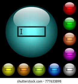 Editbox with editing cursor icons in color illuminated spherical glass buttons on black background. Can be used to black or dark templates