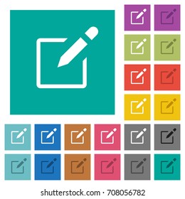 Editbox with pencil multi colored flat icons on plain square backgrounds. Included white and darker icon variations for hover or active effects.