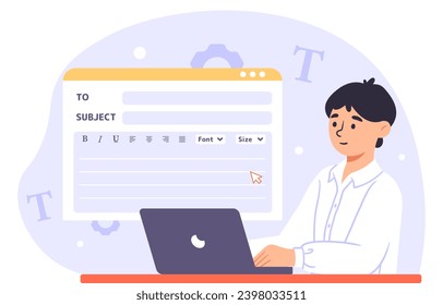 Editing body text concept. Talented author and editor with laptop. Man check article for website, interesting content. SEO specialist. Cartoon flat vector illustration isolated on white background