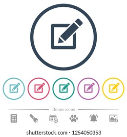Editing box with pencil flat color icons in round outlines. 6 bonus icons included.