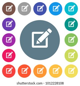 Editing box with pencil flat white icons on round color backgrounds. 17 background color variations are included.