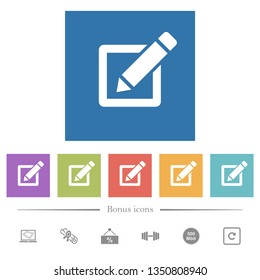 Editing box with pencil flat white icons in square backgrounds. 6 bonus icons included.
