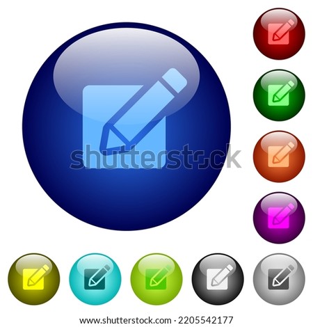 Editing box with pencil solid icons on round glass buttons in multiple colors. Arranged layer structure