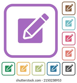 Editing box with pencil solid simple icons in color rounded square frames on white background