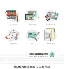 Editing, copywriting and journalism concepts, thin line icons and objects set