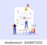 Editing document with text. Correcting grammar mistake with red marker. Teacher fix page text errors. Concept of proofread script, grammar edit, correcting mistake. Vector flat cartoon illustration