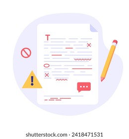 Editing document with text. Correcting grammar mistake with red marker. Teacher fix page text errors. Concept of proofread script, grammar edit, correcting mistake. Vector flat cartoon illustration