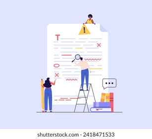 Editing document with text. Correcting grammar mistake with red marker. Teacher fix page text errors. Concept of proofread script, grammar edit, correcting mistake. Vector flat cartoon illustration