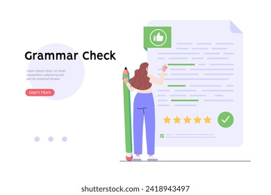 Editando documento con texto. Corrección del error gramatical con el marcador rojo. El profesor corrige los errores de texto de la página. Concepto de guión revisado, edición gramatical, corrección de errores. Ilustración de dibujos animados planos vectoriales