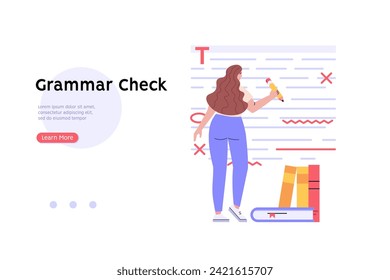 Editing document with text. Correcting grammar mistake with red marker. Teacher fix page text errors. Concept of proofread script, grammar edit, correcting mistake. Vector flat cartoon illustration