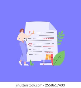 Editing document with text. Correcting grammar mistake with red marker. Teacher fix page text errors. Concept of text editing, grammar edit, correcting mistake. Vector flat cartoon illustration