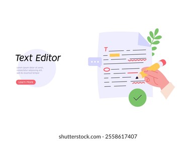 Editing document with text. Correcting grammar mistake with red marker. Teacher fix page text errors. Concept of text editing, grammar edit, correcting mistake. Vector flat cartoon illustration