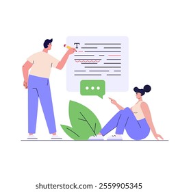 Editing document with text. Correcting grammar mistake with red marker. Teacher fix page text errors. Concept of text editing, grammar edit, correcting mistake. Vector flat cartoon illustration