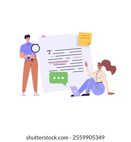 Editing document with text. Correcting grammar mistake with red marker. Teacher fix page text errors. Concept of text editing, grammar edit, correcting mistake. Vector flat cartoon illustration