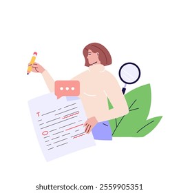 Editing document with text. Correcting grammar mistake with red marker. Teacher fix page text errors. Concept of text editing, grammar edit, correcting mistake. Vector flat cartoon illustration