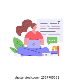 Editing document with text. Correcting grammar mistake with red marker. Teacher fix page text errors. Concept of text editing, grammar edit, correcting mistake. Vector flat cartoon illustration