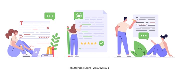 Editing document with text. Correcting grammar mistake with red marker. Teacher fix page text errors. Set of text editing, grammar edit, correcting mistake. Vector flat cartoon illustration