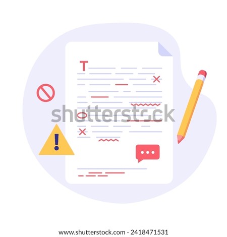 Editing document with text. Correcting grammar mistake with red marker. Teacher fix page text errors. Concept of proofread script, grammar edit, correcting mistake. Vector flat cartoon illustration