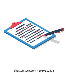 Editing Documents To Correct Errors. Proofreader Checks Transcription Written Text. Clipboard And Red Pen. Spell Check. Vector Illustration Isometric Design. Isolated White Background.