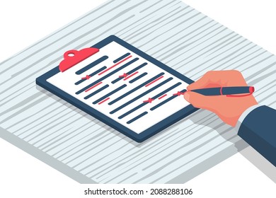 Editing Documents To Correct Errors. Proofreader Checks Transcription Written Text. Clipboard And Red Pen In Hands Of Men. Spell Check. Vector Illustration Isometric Design. Isolated On Background.