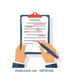 Editing documents to correct errors. Proofreader checks transcription written text. Clipboard and red pen in hands of men. Spell check. Vector illustration flat design. Isolated on white background.