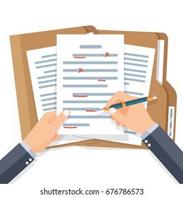Editing documents to correct errors. Proofreader checks transcription written text. Spell check. Vector illustration flat design. Isolated on white background.