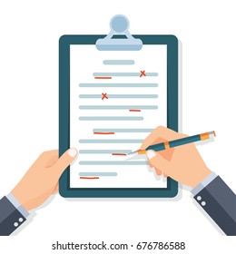 Editing documents to correct errors. Proofreader checks transcription written text. Clipboard and pen in hands of men. Spell check. Vector illustration flat design. Isolated on white background.
