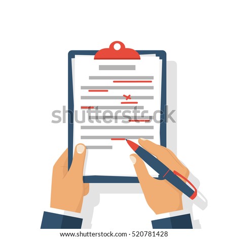 Editing documents to correct errors. Proofreader checks transcription written text. Clipboard and red pen in hands of men. Spell check. Vector illustration flat design. Isolated on white background.