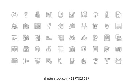 Edición de ideas, iconos lineales, conjunto de señales de línea, colección de vectores