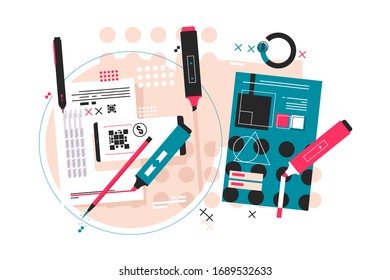 Editing of paper notes vector illustration. Process of redaction and proofreading of text flat style design. Preparing written material for publication concept