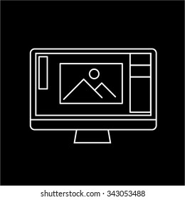 editing picture in photo editor software on personal all in one computer photography vector linear icon and infographic | illustrations of gear and equipment for photographers   on black background