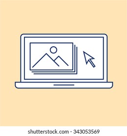 editing picture in photo editor software on laptop photography vector linear icon and infographic | illustrations of gear and equipment for photographers isolated on yellow background