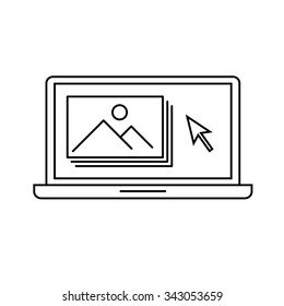 editing picture in photo editor software on laptop photography vector linear icon and infographic | illustrations of gear and equipment for photographers black isolated on white background
