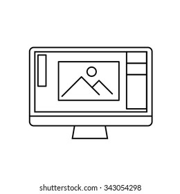 editing picture in photo editor software on personal all in one computer photography vector linear icon and infographic | illustrations of gear and equipment for photographers   on white background