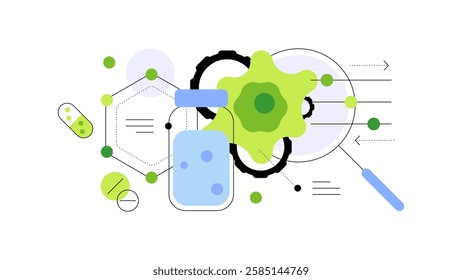 Editing the properties of bacteria. Medical production. Bioengineering. Flat illustration. Vector file.