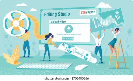 Editing Studio and Teamwork. Four Membered Professional Team with Reel, Keyboard, and Step Ladder Planning, Creating, and Uploading Content for Trendy Blog on Popular Video-Sharing Platform.