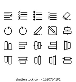 Editing text icon set include indent,bullet,numbering,list,eraser,undo,pen, pencil,draw,compose,write,bottom,distribute,top,select,editorial,alignment,