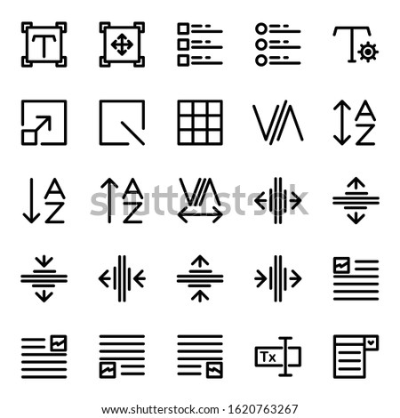 Editing text icon set include setting,scale,task,grid,fine,box,kerning,adjust,alphabet,sort,tracking,type,format,layout,image,form,input,form builder,drop down