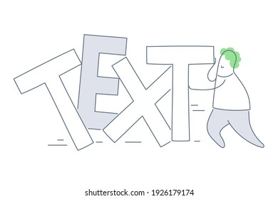 Editing texts, creation of content, copywriting, editing, and blogging. The cute cartoon character is pushing text letters. Flat thin line vector illustration on white.