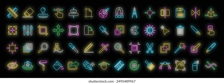 Editing tools icons set outline vector. Video create. Editor tool neon color on black