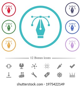 Editing vector curve with pen tool flat color icons in circle shape outlines. 12 bonus icons included.