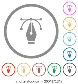Editing vector curve with pen tool flat color icons in round outlines on white background