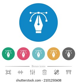 Editing vector curve with pen tool flat white icons on round color backgrounds. 6 bonus icons included.