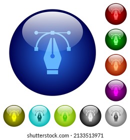 Editing vector curve with pen tool icons on round glass buttons in multiple colors. Arranged layer structure