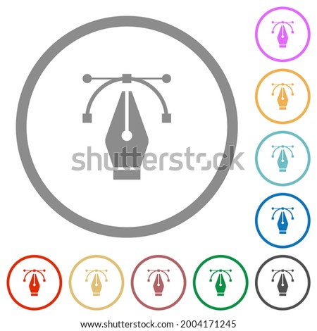 Editing vector curve with pen tool flat color icons in round outlines on white background