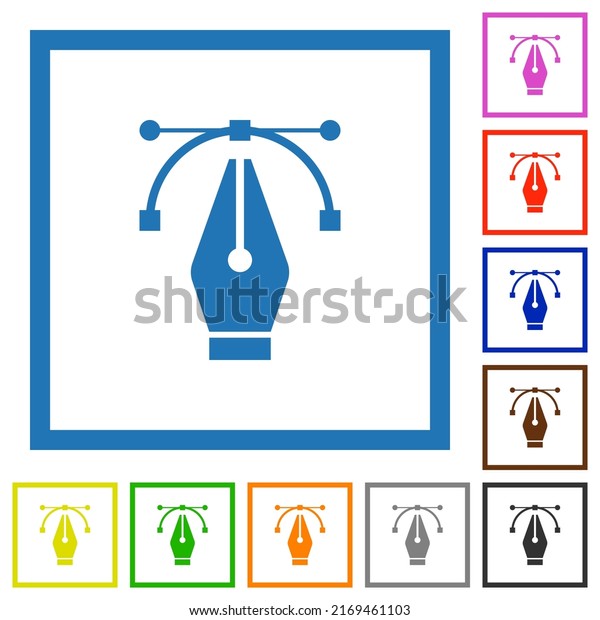 Editing vector curve with pen tool flat\
color icons in square frames on white\
background