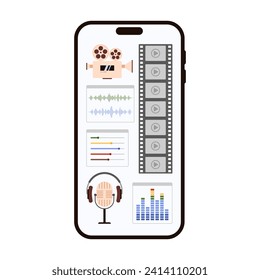 Editing video and audio settings in editor mobile app of phone. Front view of smartphone screen with sliders of interface to edit sound and timeline, cut animation frames cartoon vector illustration