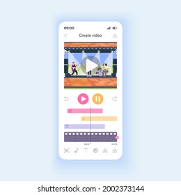 Editing Video Files For Social Media Smartphone Interface Vector Template. Mobile App Page Design Layout. Adding Effects, Music And Text To Clip Screen. Flat UI For Application. Phone Display