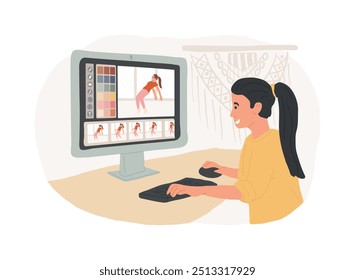 Editing video isolated cartoon vector illustrations. Girl editing video using special processing software, looking at monitor, vlog creation, modern hobby, social media content vector cartoon.