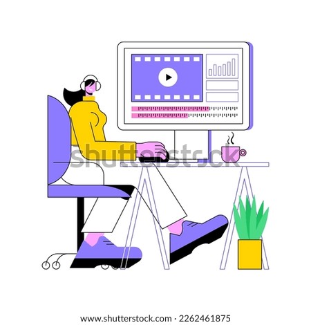Editing video isolated cartoon vector illustrations. Girl editing video using special processing software, looking at monitor, vlog creation, modern hobby, social media content vector cartoon.